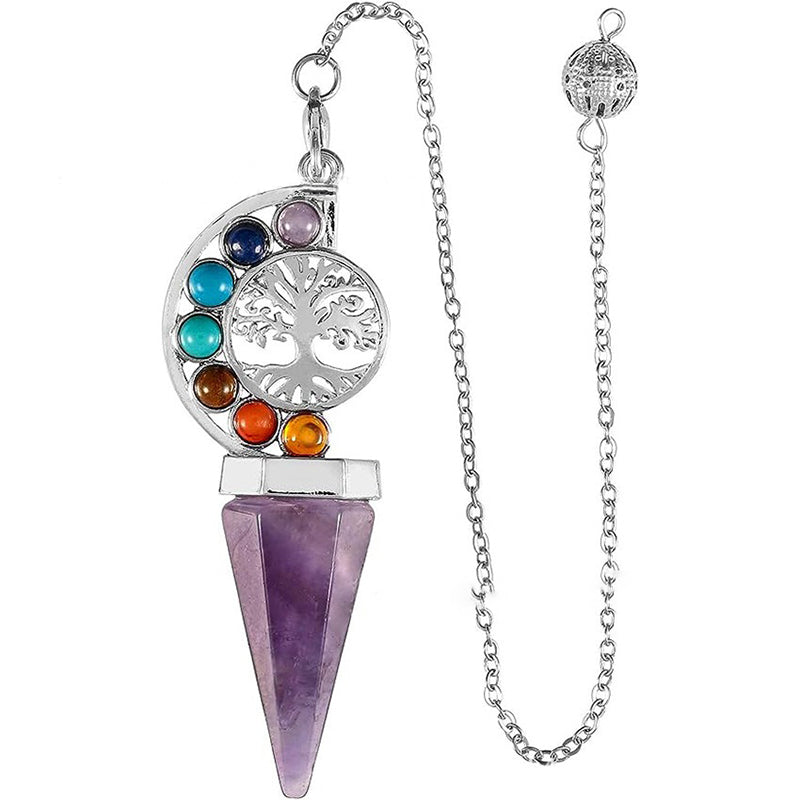 Natural crystal pendulum - hexagonal cone shape, 7-color tree of life decoration, essential for witch magic