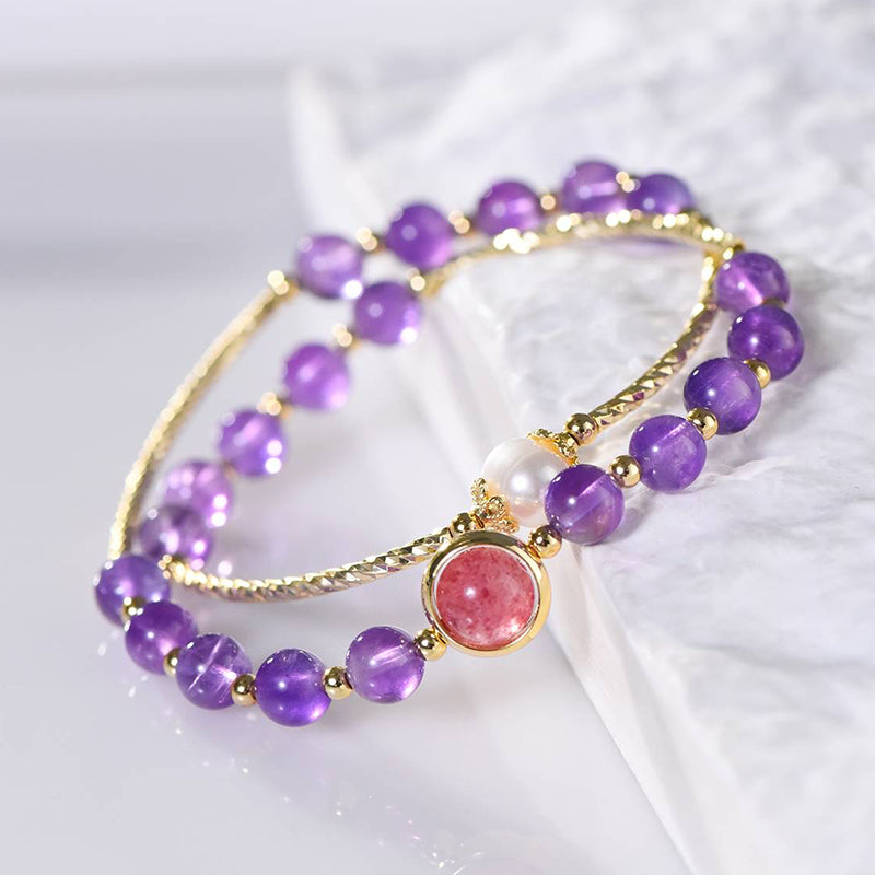 Amethyst Double Circle Bracelet: A Crystal Marvel with Strawberry Crystal and Pearls