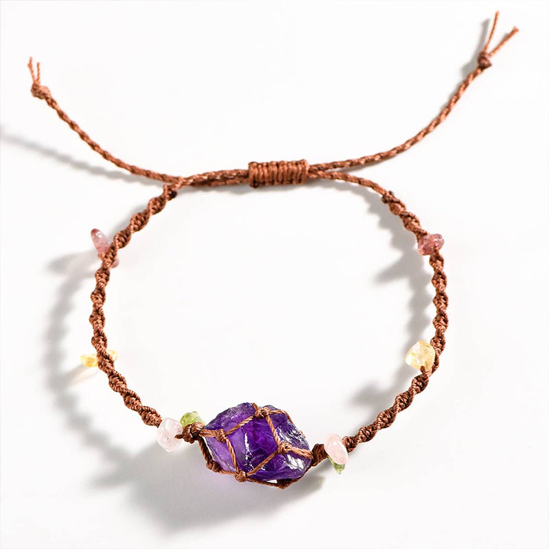 Handwoven Crystal Raw Stone Bracelet-Wax Rope Braid-Citrine, Amethyst, Green Fluorite, Blue Crystal