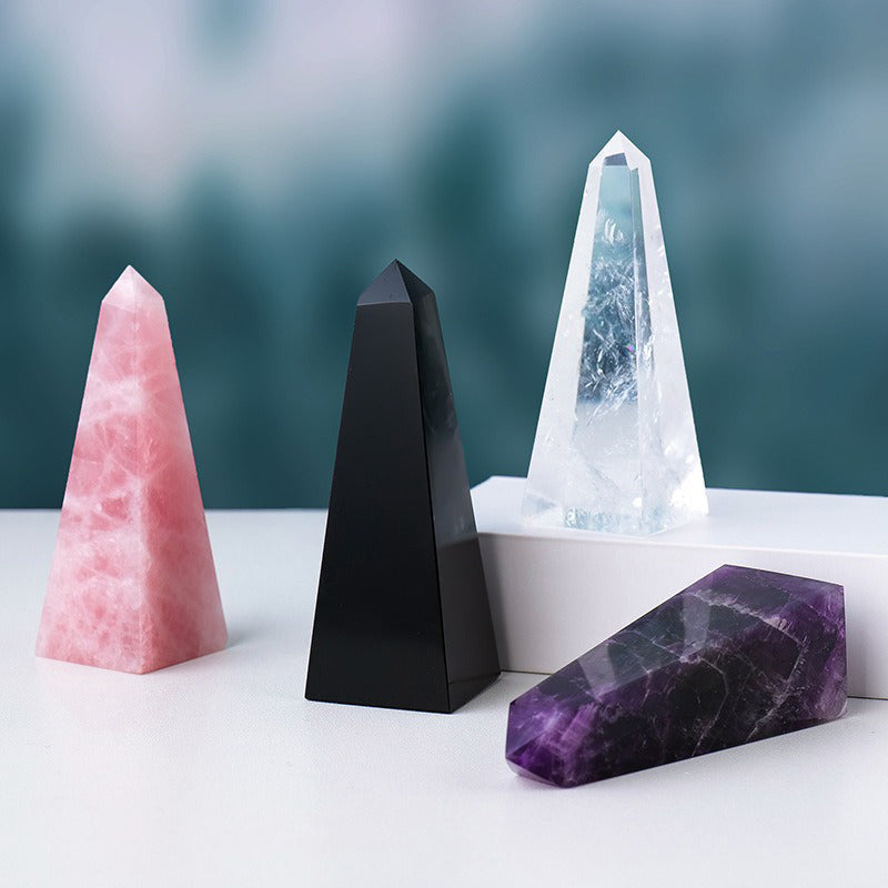 Rose Quartz, Obsidian Crystal, Amethyst, Clear Quartz Pyramid Crystal-Enhance Love, Protection, Wisdom & Energy