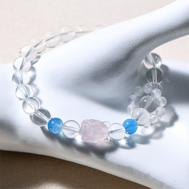 Clear Quartz Bracelet with Aquamarine & Pink Quartz Fox Fairy