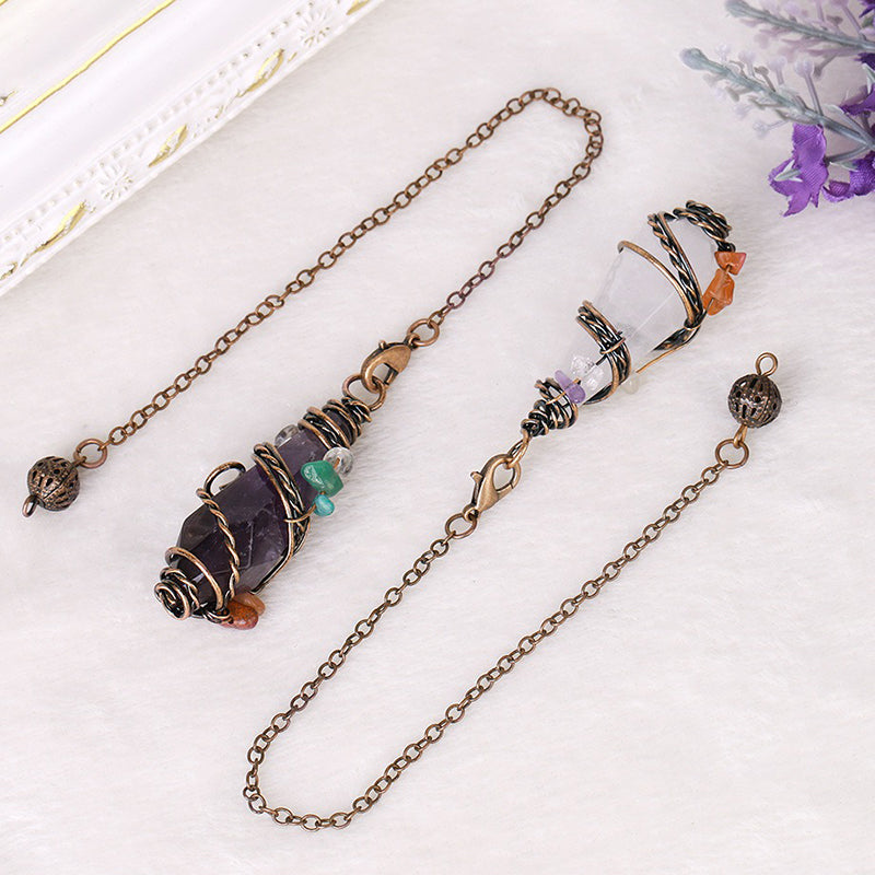 Natural crystal pendulum: colorful gravel hand-wound & rhombus faceted crystal column - leading the witch's magical journey