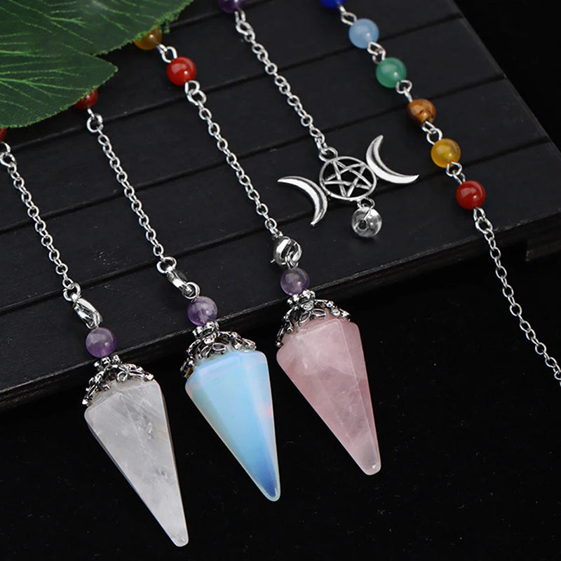 Natural crystal hexagonal cone-shaped pendulum with star and moon colorful chain - the mysterious key to witch magic