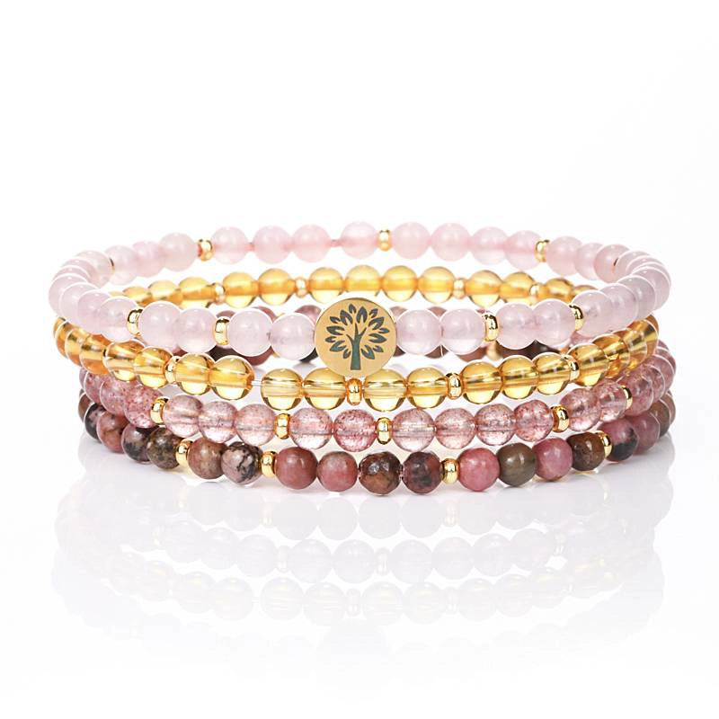 4-in-1 Energy Bracelet with Rose Quartz, Citrine, Strawberry Crystal, and Tree of Life charm by Roline Crystal