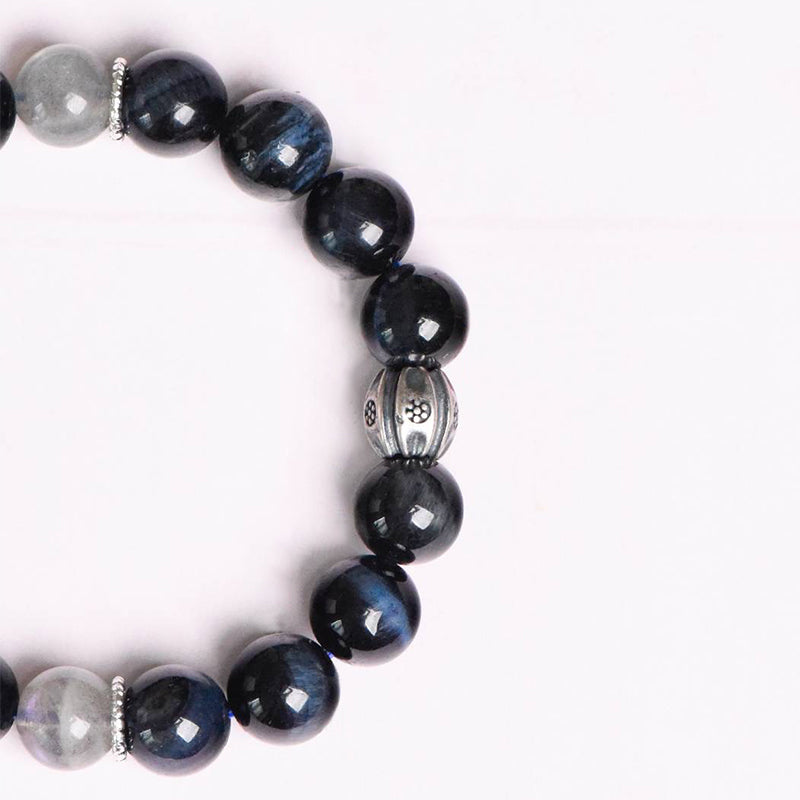 Blue Tiger Eye Bracelet with Gray Moonstone and Sterling Silver Accents