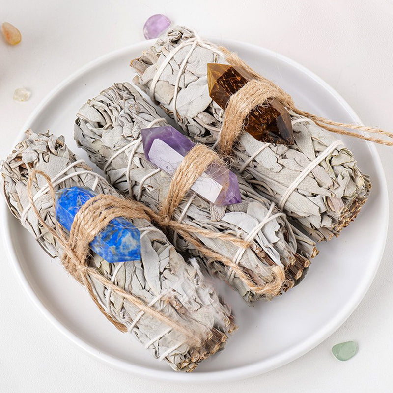 White Sage Smudge Stick with Crystal Collection for Spiritual Purification & Enhancement 