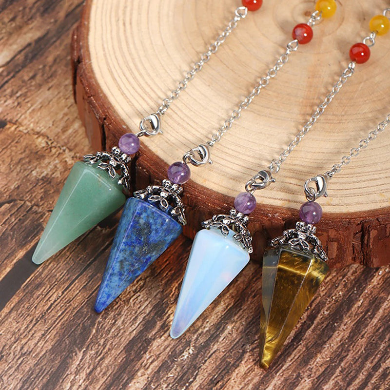 Natural crystal hexagonal cone-shaped pendulum with star and moon colorful chain - the mysterious key to witch magic