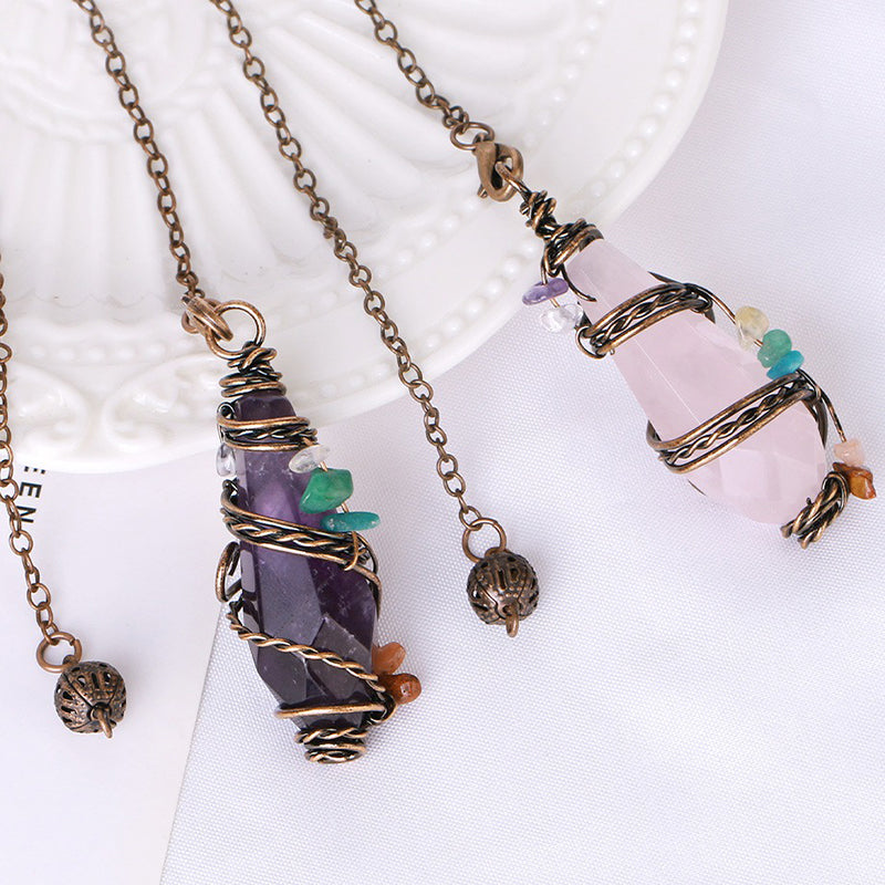 Natural crystal pendulum: colorful gravel hand-wound & rhombus faceted crystal column - leading the witch's magical journey