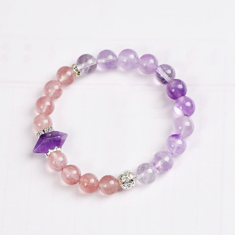 Amethyst and Strawberry Quartz Crystal Bracelet with Double Pointed Column