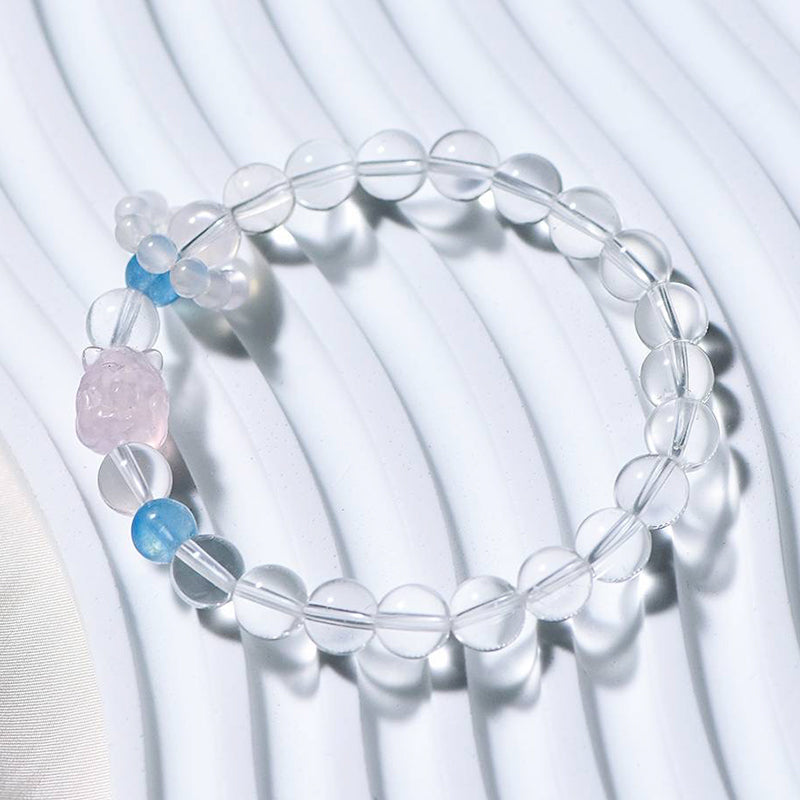 Clear Quartz Bracelet with Aquamarine & Pink Quartz Fox Fairy