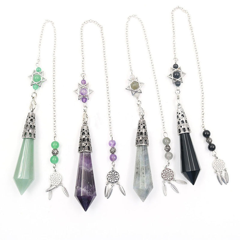 Natural crystal 12-facet hexagonal column pendulum with dream catcher - the protection and inspiration of witch magic