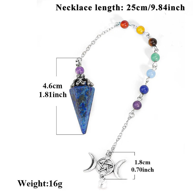 Natural crystal hexagonal cone-shaped pendulum with star and moon colorful chain - the mysterious key to witch magic