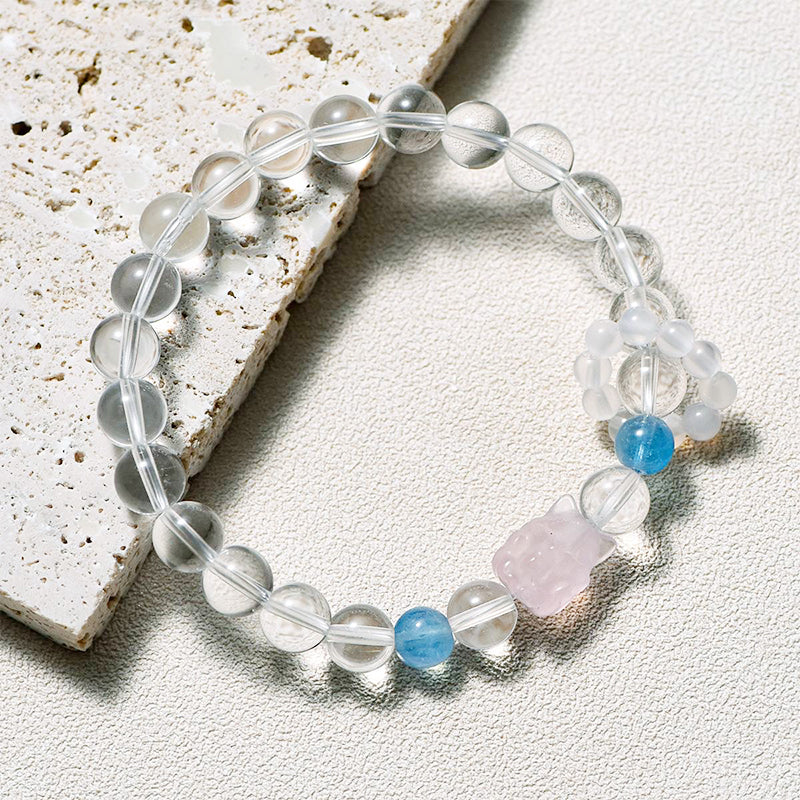 Clear Quartz Bracelet with Aquamarine & Pink Quartz Fox Fairy