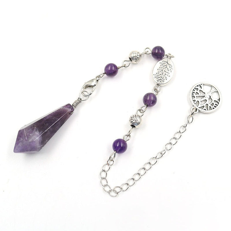 Natural crystal pendulum - hexagonal column shape, tree of life chain, essential for witch magic