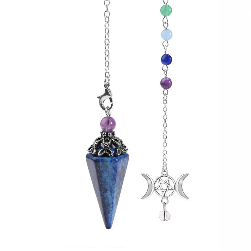 Natural crystal hexagonal cone-shaped pendulum with star and moon colorful chain - the mysterious key to witch magic