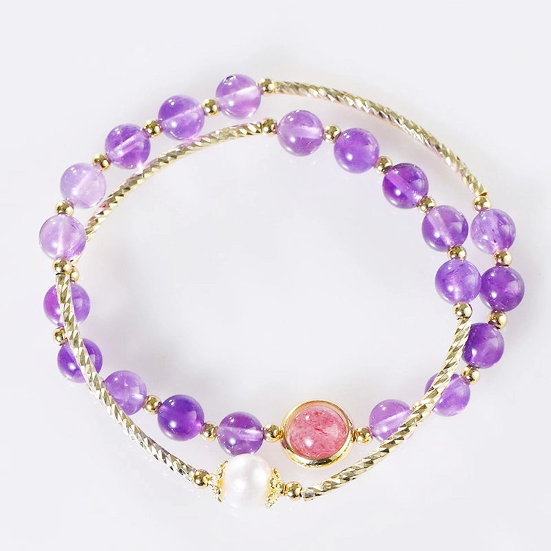 Amethyst double ring bracelet with strawberry quartz, pearls, and gold accents by Roline Crystal