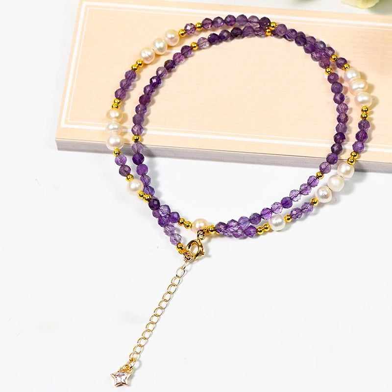 Amethyst faceted bracelet with pearls, convertible to a necklace by Roline Crystal