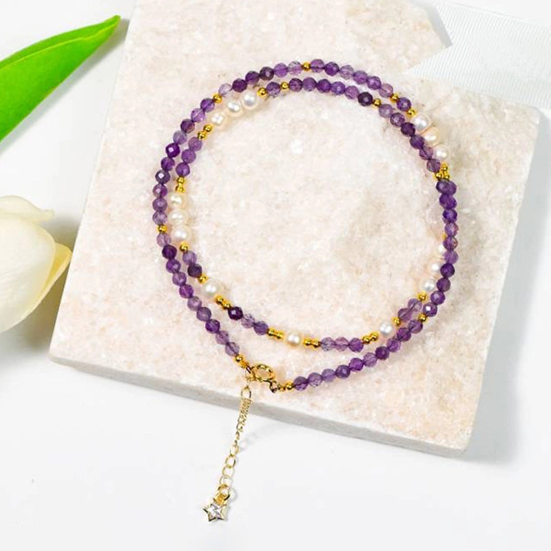Amethyst faceted bracelet with pearls, convertible to a necklace by Roline Crystal