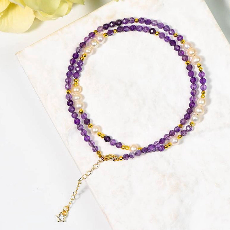 Amethyst faceted bracelet with pearls, convertible to a necklace by Roline Crystal