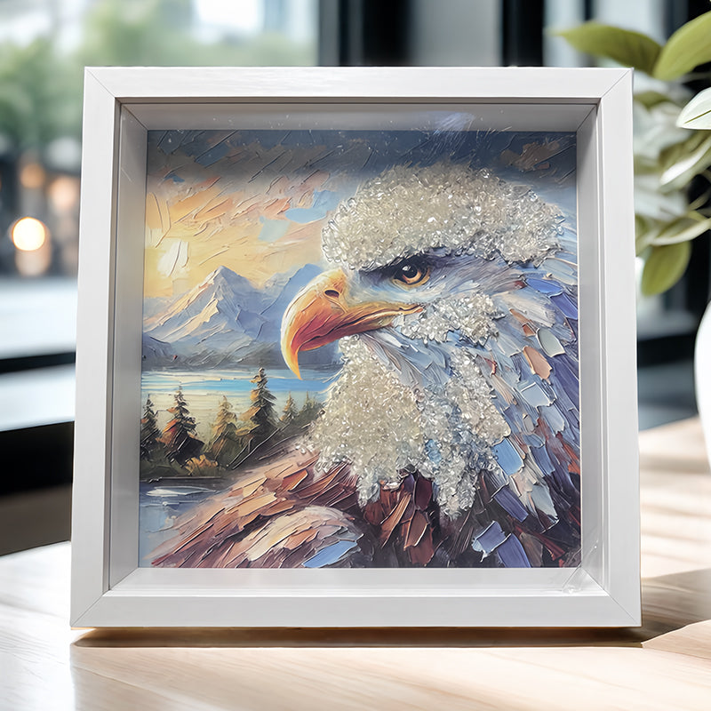Bald Eagle crystal art framed decor with Clear Quartz stones by Roline Crystal