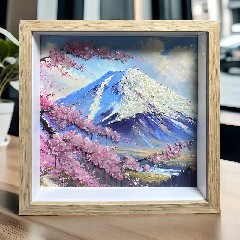 Cherry Blossoms and Mount Fuji framed crystal art with Clear Quartz and Rose Quartz by Roline Crystal