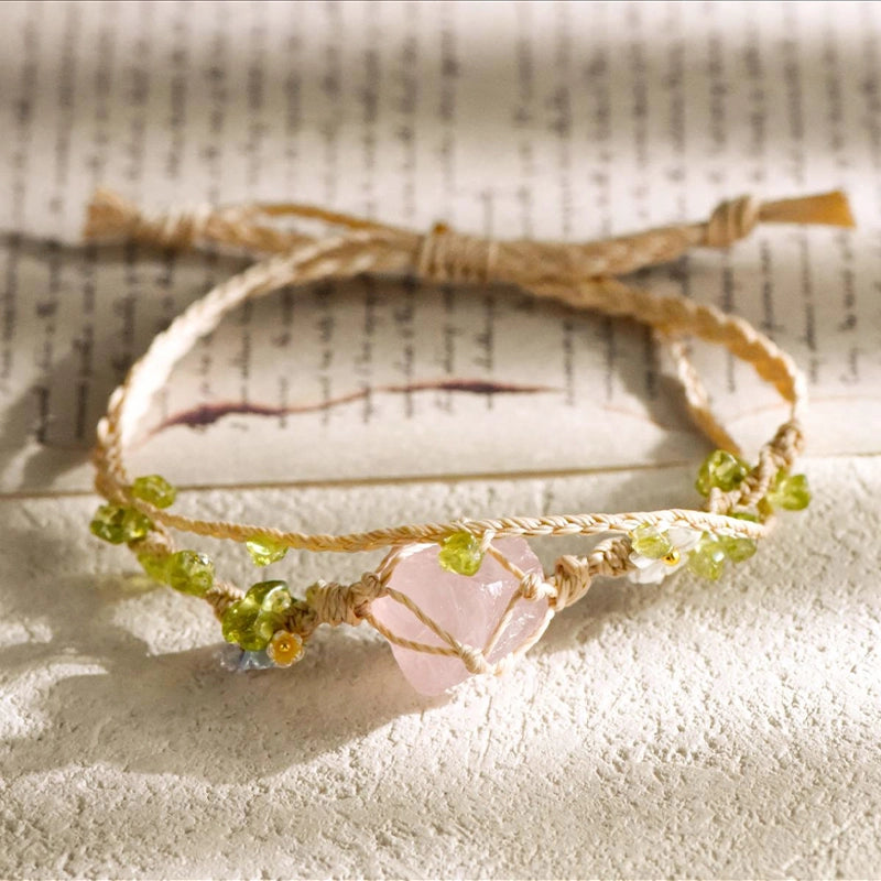 Double-circle knitted raw stone bracelet with rose quartz, amethyst, citrine, and fluorite by Roline Crystal