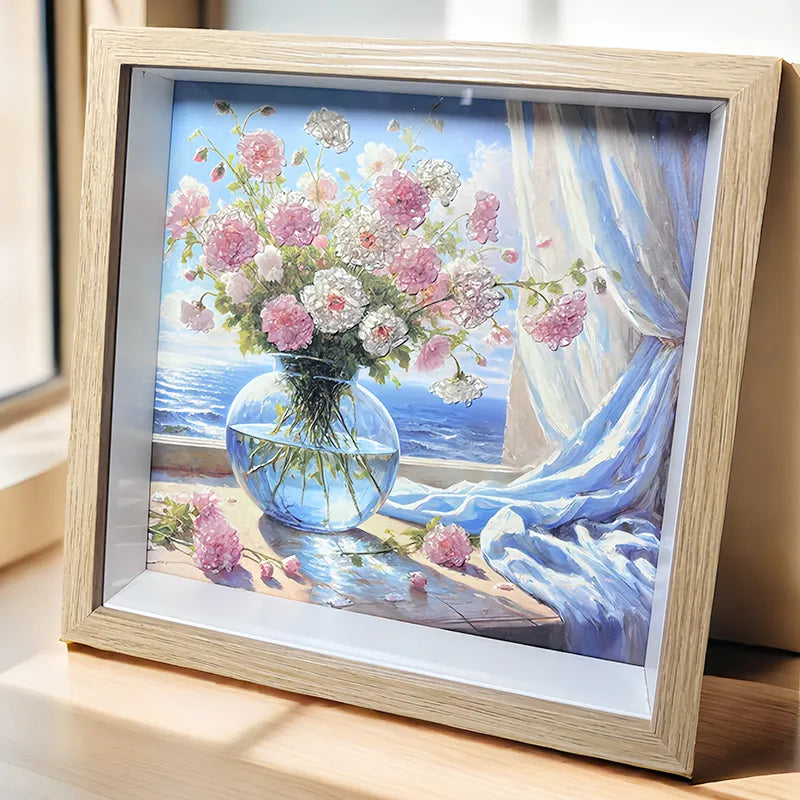 Flower-themed framed crystal art with Clear Quartz and Rose Quartz by Roline Crystal