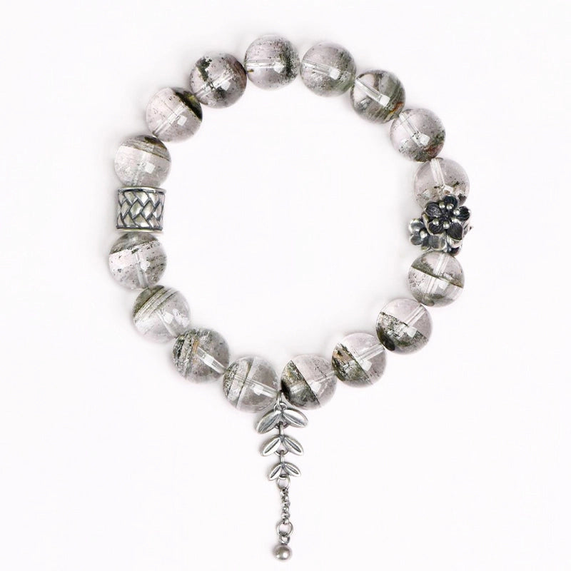 Green Phantom Quartz bracelet with silver leaf accents by Roline Crystal