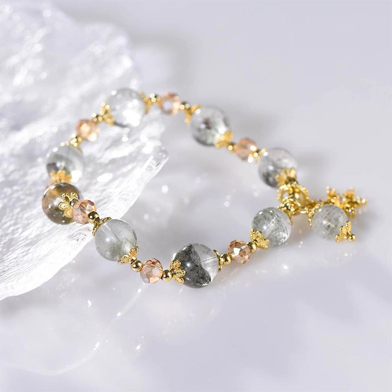 Green Phantom Quartz bracelet with snowflake gold charms by Roline Crystal