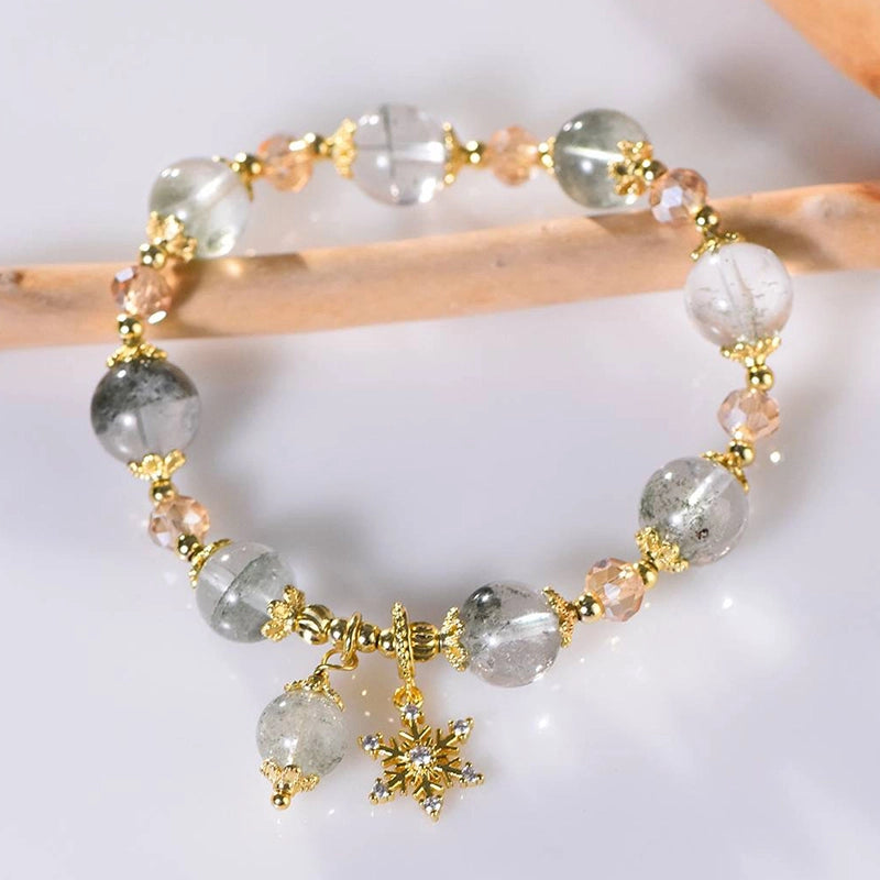 Green Phantom Quartz bracelet with snowflake gold charms by Roline Crystal