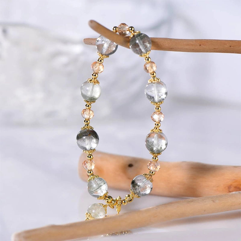 Green Phantom Quartz bracelet with snowflake gold charms by Roline Crystal