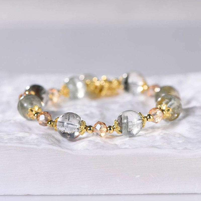 Green Phantom Quartz bracelet with snowflake gold charms by Roline Crystal
