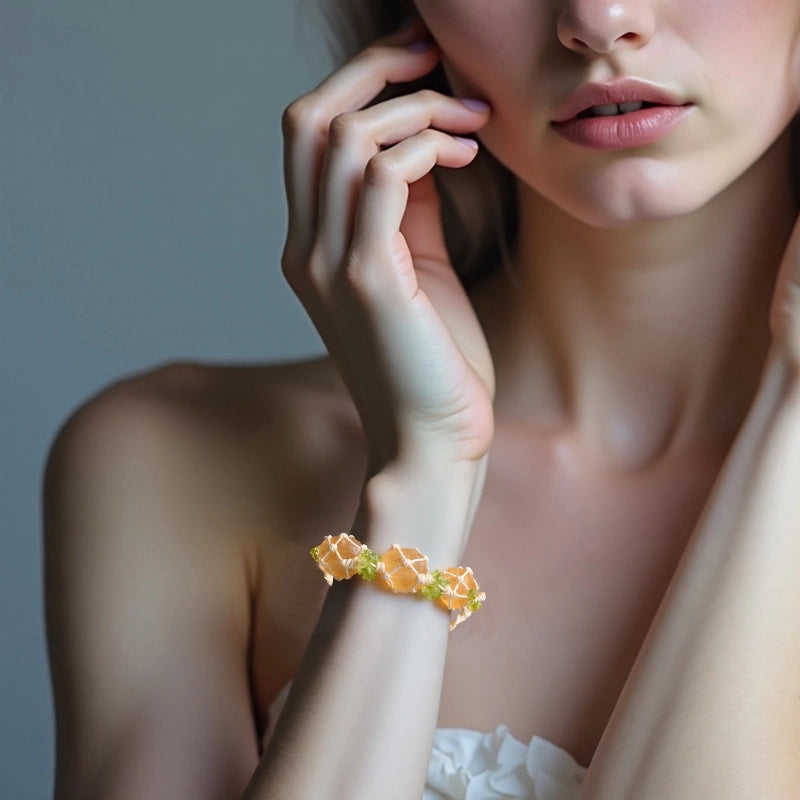 Hand-woven 3 raw stone bracelet with fluorite, amethyst, and citrine crystals by Roline Crystal 