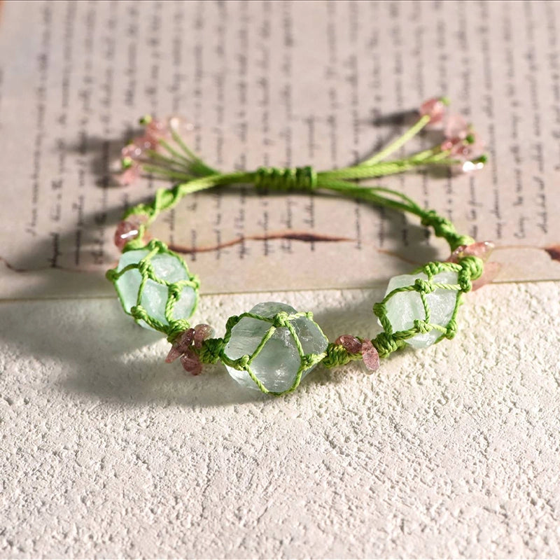 Hand-woven 3 raw stone bracelet with fluorite, amethyst, and citrine crystals by Roline Crystal 