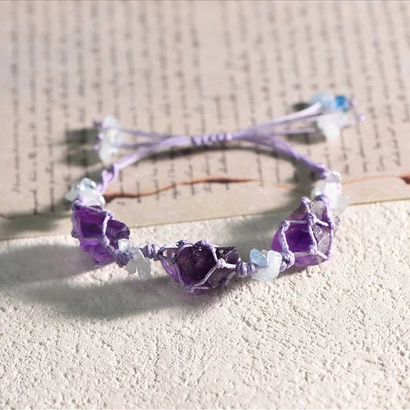 Hand-woven 3 raw stone bracelet with fluorite, amethyst, and citrine crystals by Roline Crystal 
