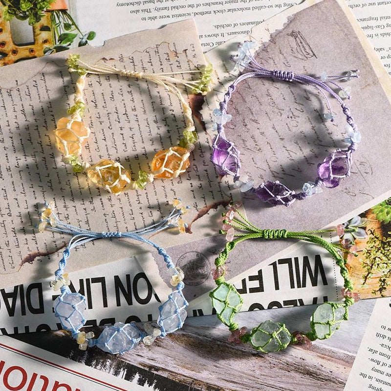 Hand-woven 3 raw stone bracelet with fluorite, amethyst, and citrine crystals by Roline Crystal 