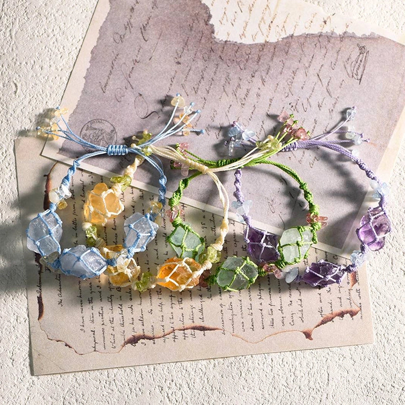 Hand-woven 3 raw stone bracelet with fluorite, amethyst, and citrine crystals by Roline Crystal 