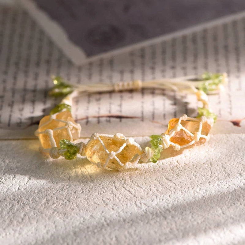 Hand-woven 3 raw stone bracelet with fluorite, amethyst, and citrine crystals by Roline Crystal 