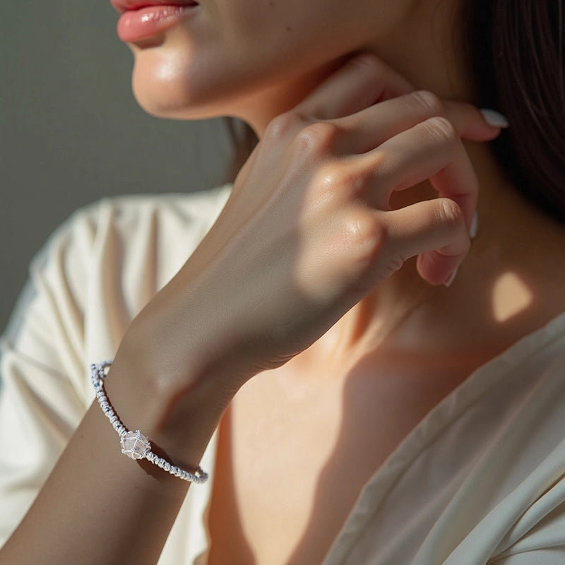 Hand-woven Shining Diamond bracelet with Herkimer crystals and silver accents by Roline Crystal