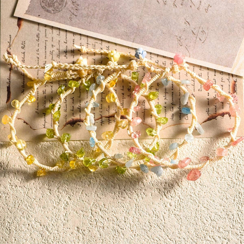 Hand-woven gravel crystal bracelet with peridot, strawberry quartz, citrine, aquamarine, and amethyst by Roline Crystal