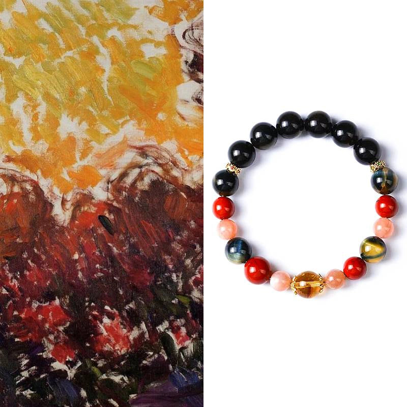 Monet Giverny Garden-inspired Obsidian bracelet with Tiger Eye, Red Jade, Citrine, and gold accents by Roline Crystal 