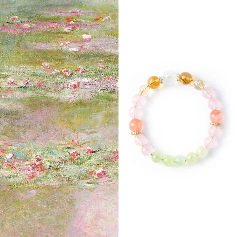 Monet Water Lily-inspired Rose Quartz bracelet with Citrine, Grape Agate, Red Agate, and gold accents by Roline Crystal
