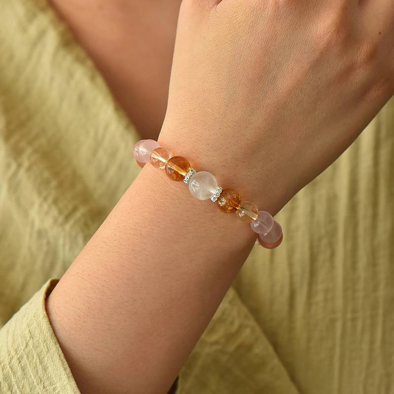Monet Water Lily-inspired Rose Quartz bracelet with Citrine, Grape Agate, Red Agate, and gold accents by Roline Crystal