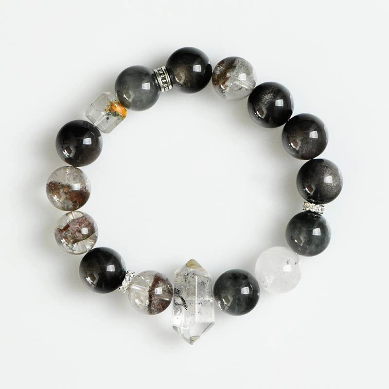 Phantom Quartz bracelet with Silver Sheen Obsidian, Flash Stone points, and silver charms – mystical crystal jewelry by Roline Crystal