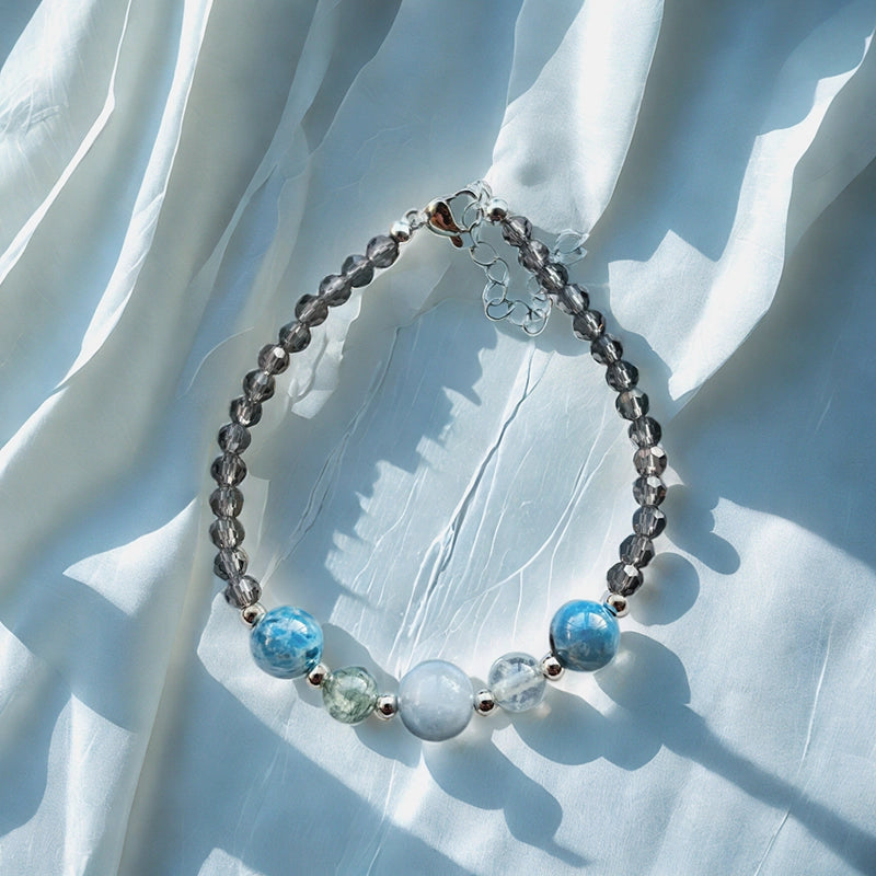 Prehnite Power bracelet with Angelite, Blue Apatite, and silver accents – empowering crystal jewelry by Roline Crystal