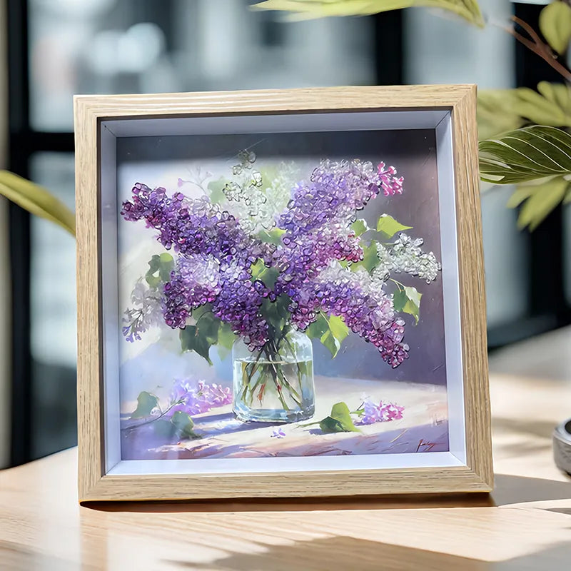 Purple Dream flower-themed framed crystal art with Amethyst and Clear Quartz by Roline Crystal