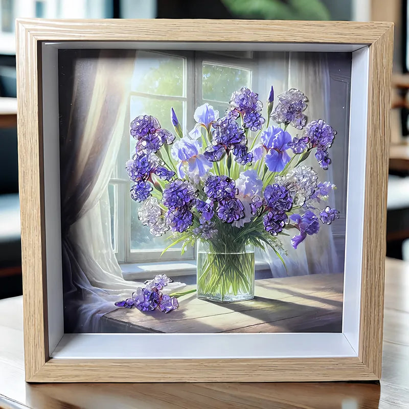 Purple Dream flower-themed framed crystal art with Amethyst and Clear Quartz by Roline Crystal