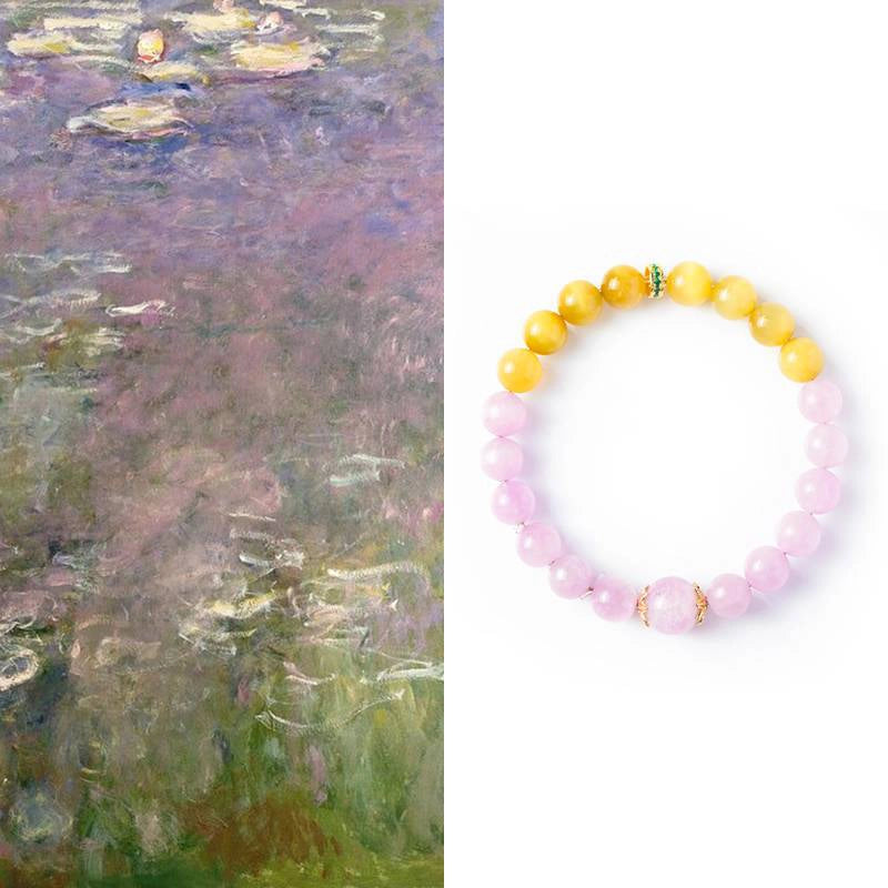 Purple Lithium bracelet with Tiger Eye and gold accents inspired by Monet’s Water Lilies by Roline Crystal