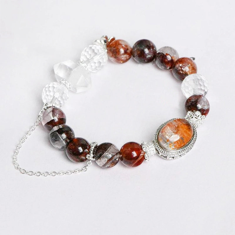 Red Hematoid Quartz bracelet with Clear Quartz columns, Phantom Quartz Magic Box, and silver chain – healing crystal jewelry by Roline Crystal