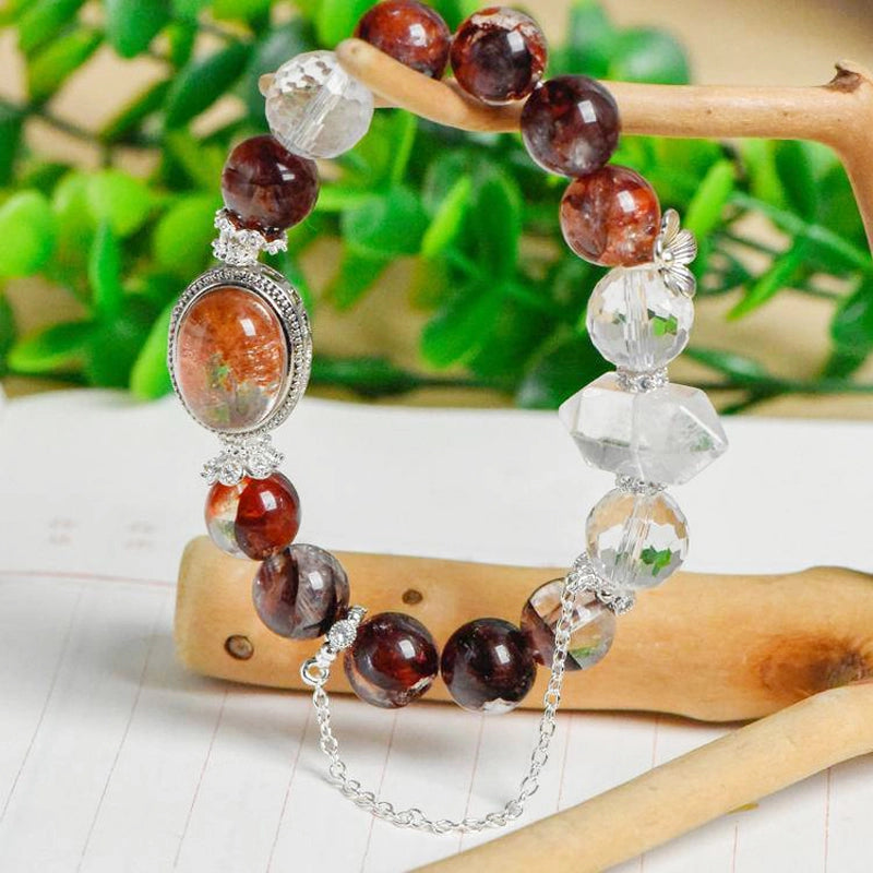 Red Hematoid Quartz bracelet with Clear Quartz columns, Phantom Quartz Magic Box, and silver chain – healing crystal jewelry by Roline Crystal